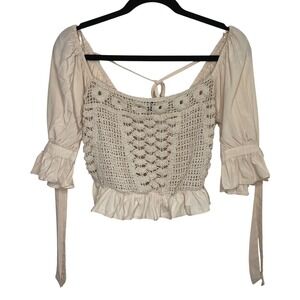 Milk & Honey Crochet Peasant Top Women Size S Beige Boho Smocked Crop Blouse